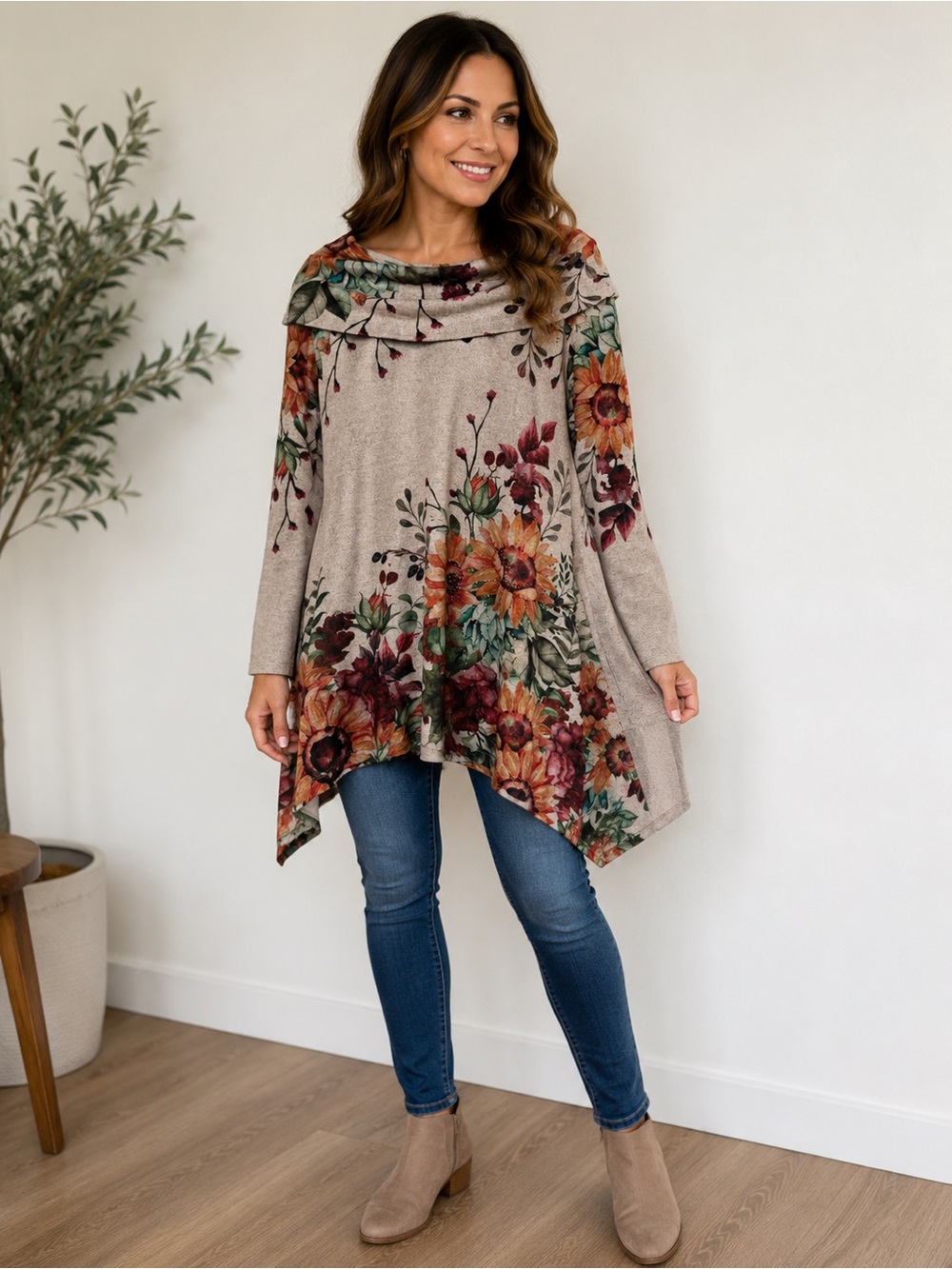Cactus + Pearl Cowl Neck Floral Tunic Top in Beige and Autumn Floral Size Large